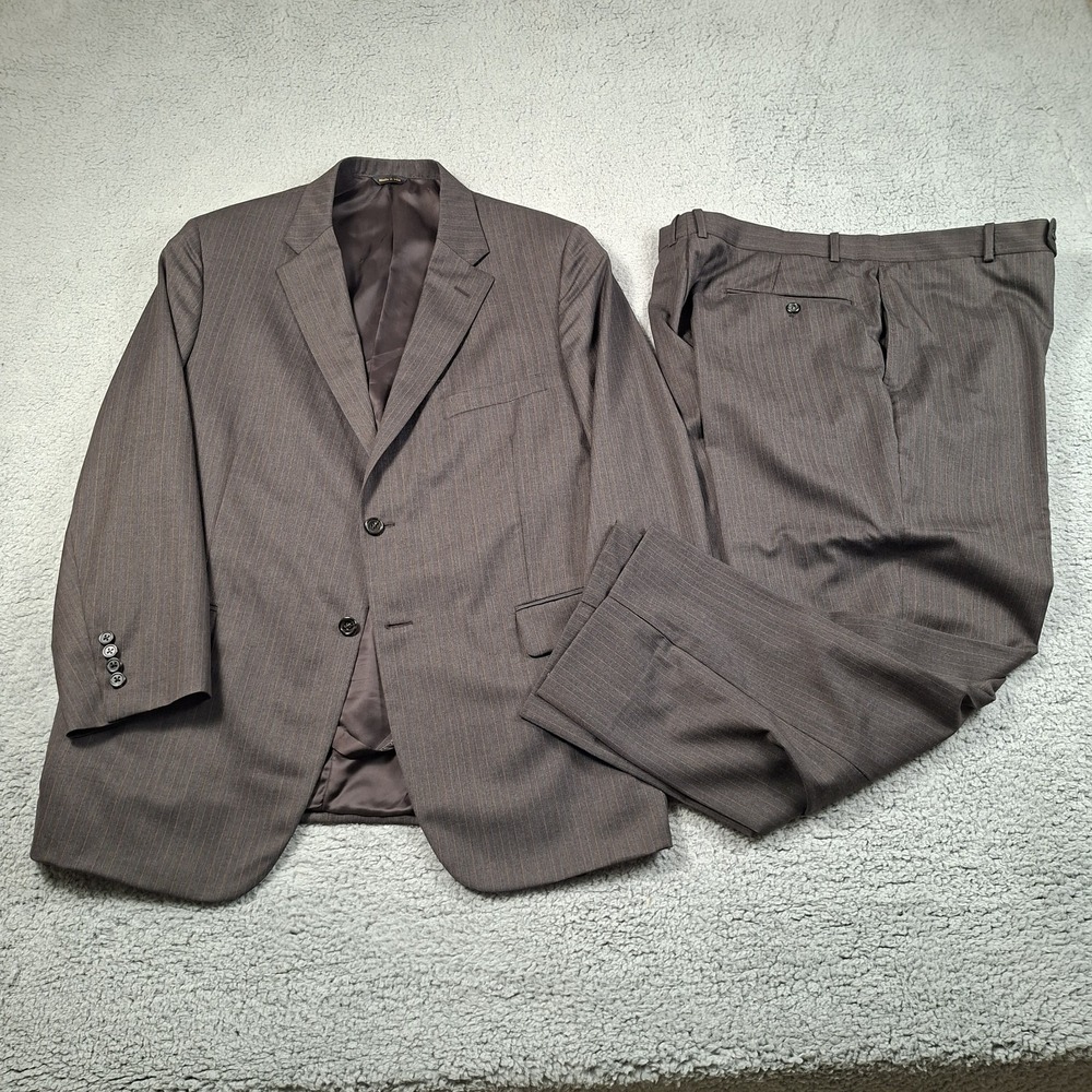 Hickey Freeman Mens 46R Suit 39x28 Brown Grey Blue Pinstripe 2pc Wool USA